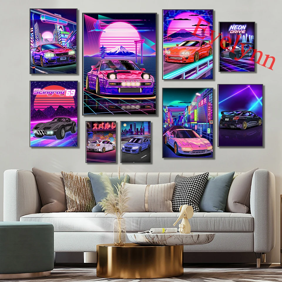 

Tokyo Street Racing Nissan GTR Synthwave Neon 80S Poster Decoration Wall Art Home Decor Painting Kawaii Room Decor Canvas Poster