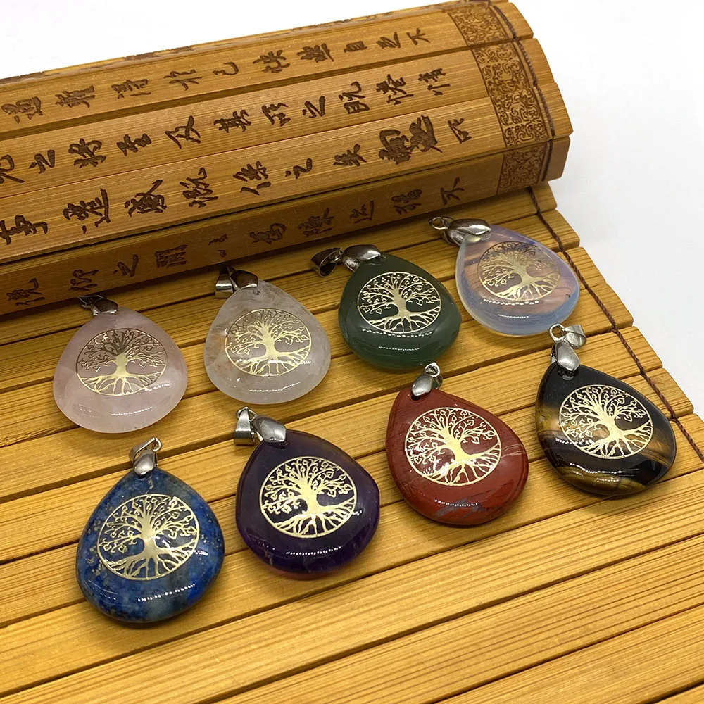 

Natural Stone Pendant Multicolor Drop Shape Golden Tree of Life Malay Jade Lapis Lazuli Amethyst Making Fashion Jewelry Necklace