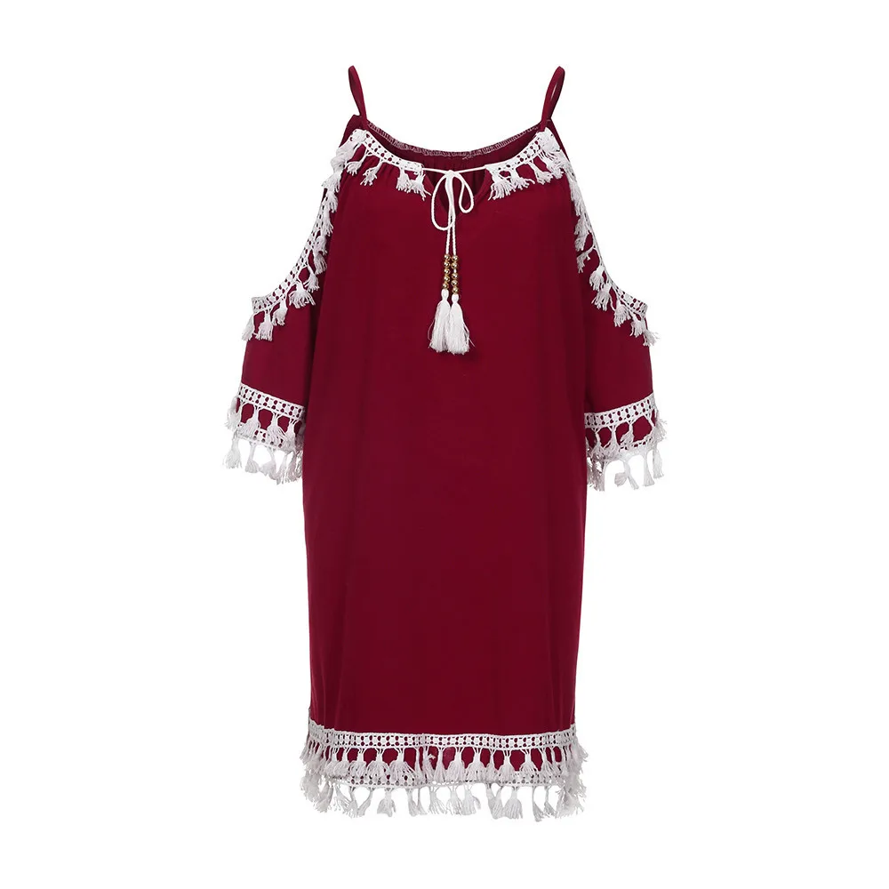 

Tassel Spaghetti Strapdress Women Off Shoulder Beach Dresses Sundress Party A-line Loose Holiday Boho Dress Vestidos Robe Femme