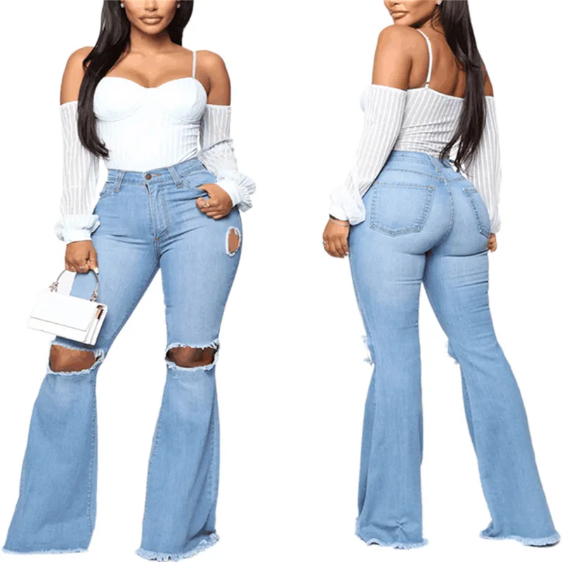 

Retro Jeans for Women Hole Button Zipper Pocket Jeans Casual Denim Flare Pants Hole Wide Leg Slim Hollow Long Pants Dropshipping