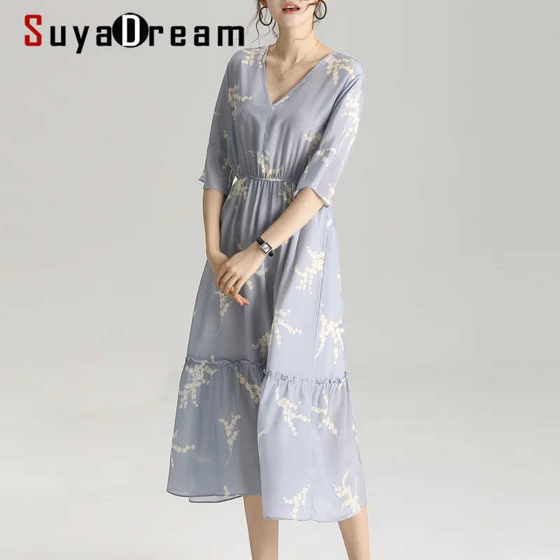 

SUYADREAM Women Maxi Dress 100%Silk Crepe Printed V neck Butterfly Sleeves Long Dresses 2020 Summer Silk Beach Dress Vestidos