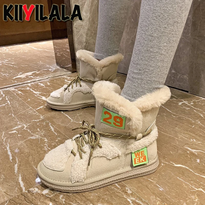 

Kiiyilala Fashion Winter Snow Boots Women Bling Waterproof Flat Platform Warm Furry Shoes Plush Lace-up Ankle Boots Female