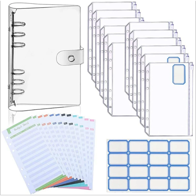 

A6 Binder PVC Notebook Cover Binder Budget Envelopes Organizer 6-Ring Binder Cover with Zipper Pockets,Budget Sheets