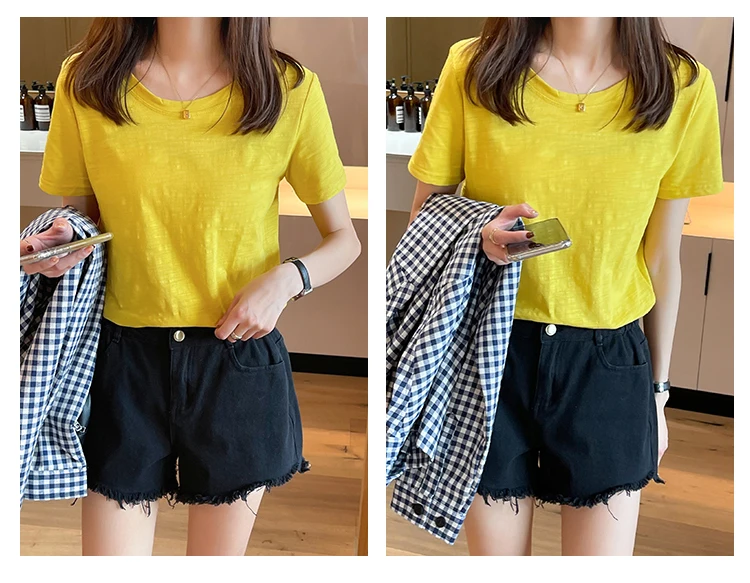 

Houthion Women's T-shirt Fashion Top Solid Loose Cotton T Shirt Short Sleeve Tshirt New Korean O-neck Summer Casual