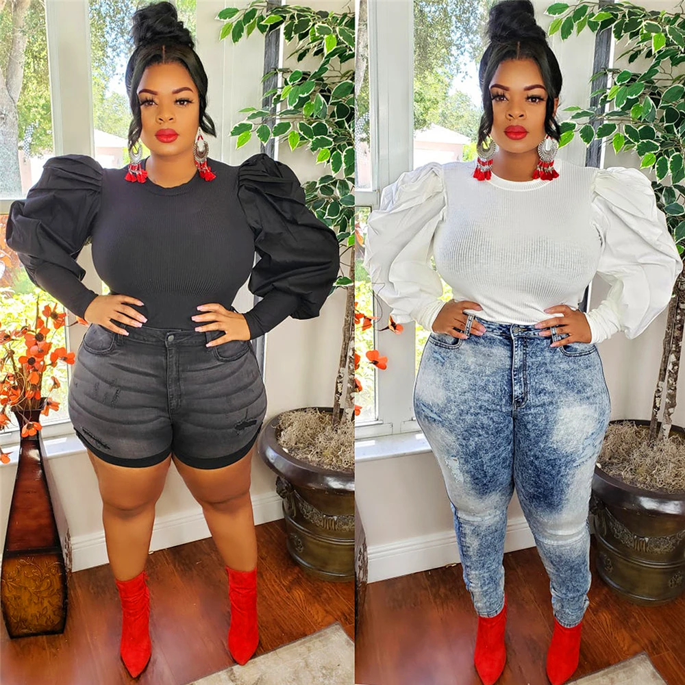 

Cy1262 2020 Europe and America hot autumn top fashion lantern long sleeve small pit stripe solid color women's wholesale