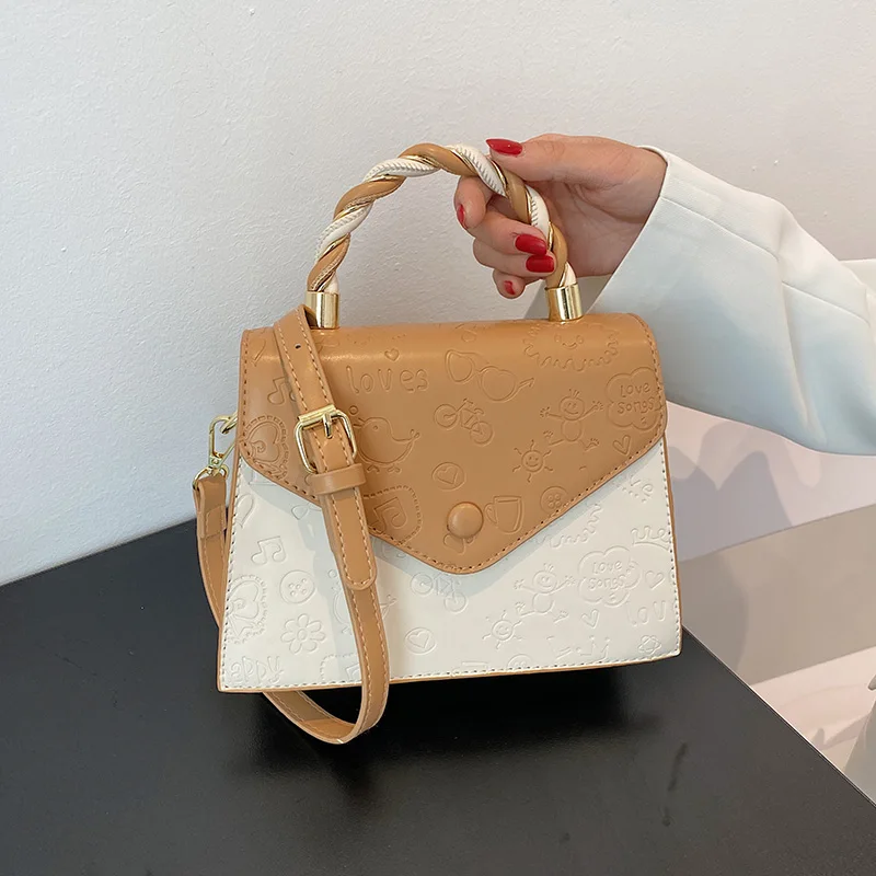 

Women Contrast Color Top-handle Crossbody Bags Printing Handbags Female Luxury Pu Leather Messenger Bag Small Flap Shoulder Bags