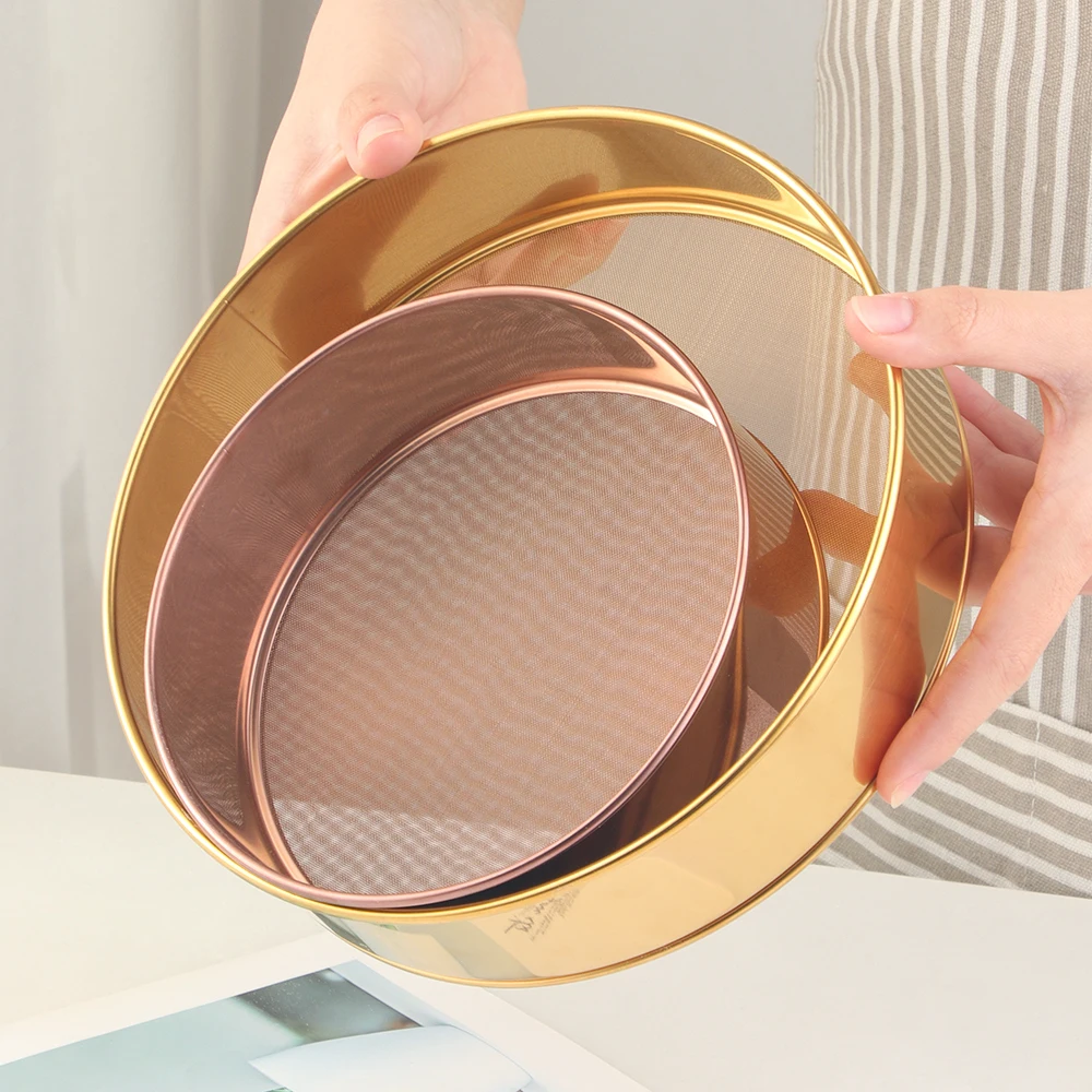 

Round Stainless Steel Flour Sieve Gold Mesh Flour Sifter Baking Tool Round Powder Sieve With Scale Cakes Pastry Utensils