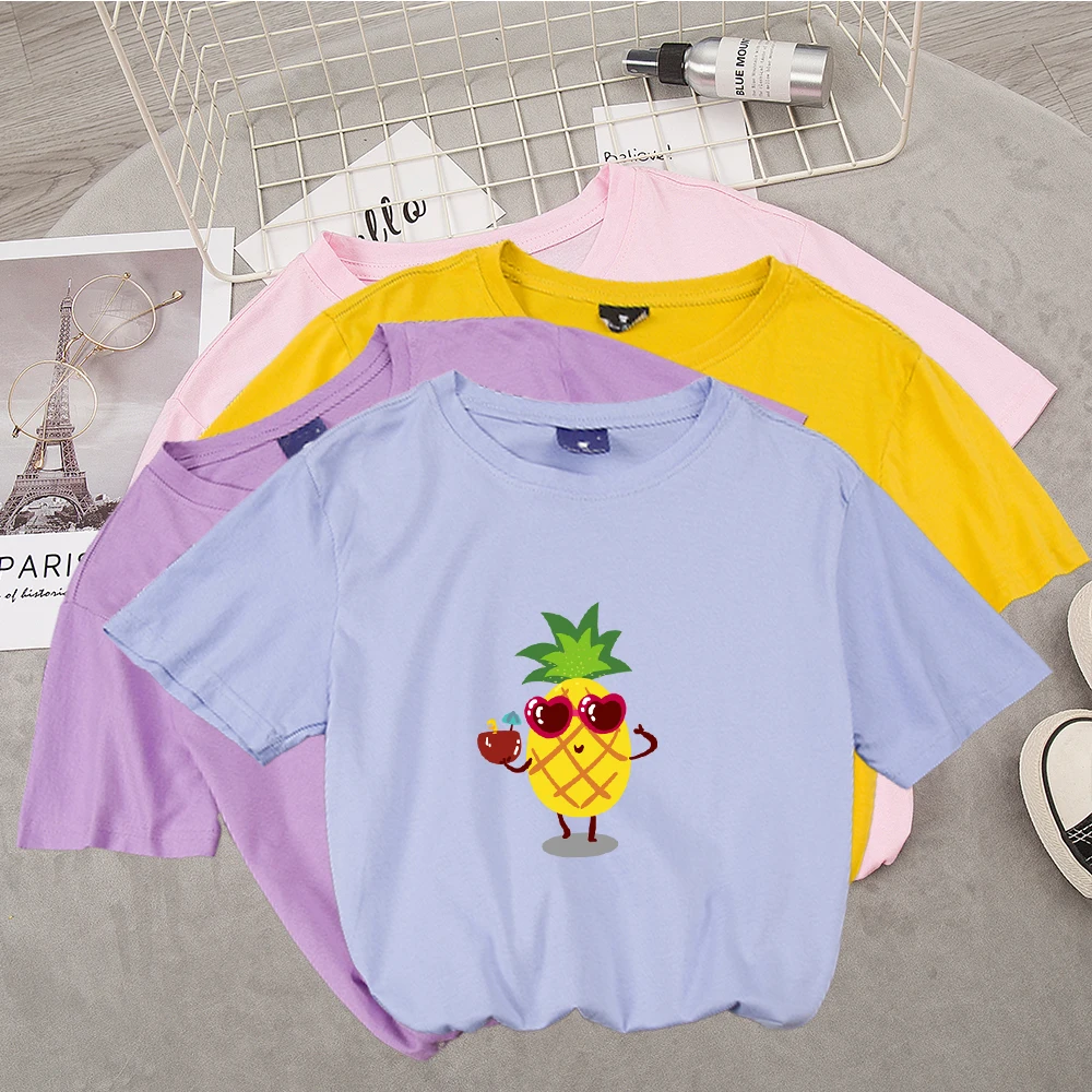 Женские летние футболки 2020 с принтом ананасов милые Мультяшные женские Ulzzang