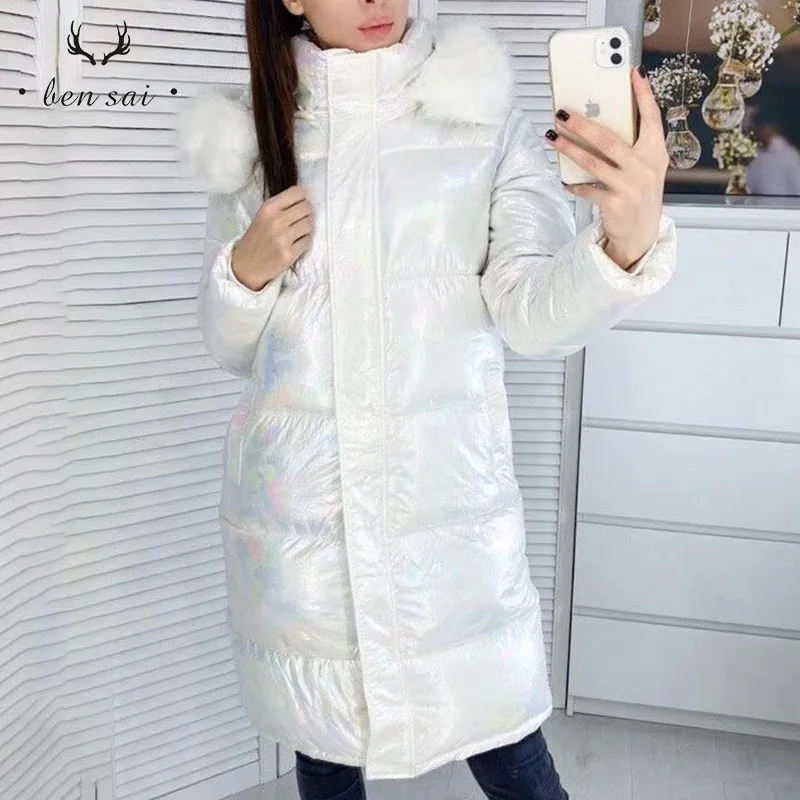 Новинки для женщин капюшон куртки оторочен мехом плотные куртки блестящие дамские Материал карманы с длинным пальто Parker женские Теплые повседневные куртки зима