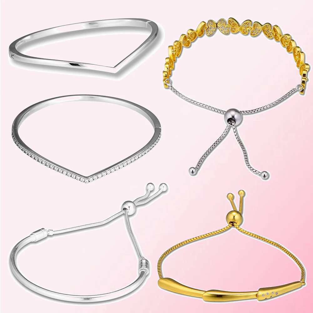 

2019 Spring Flower Butterfly Bracelet Moment Adjustable Size Shining Wish Bangle Women Fashion Jewelry 925 Sterling Silver