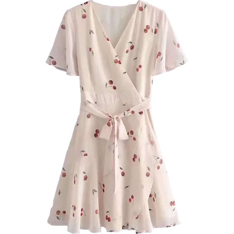 

Summer French Flower Cherry Print Ruffled White Dress Women Lace Cross Lacing Up Elegant Bow Sexy Mini Girl Sundress Wrap Robe