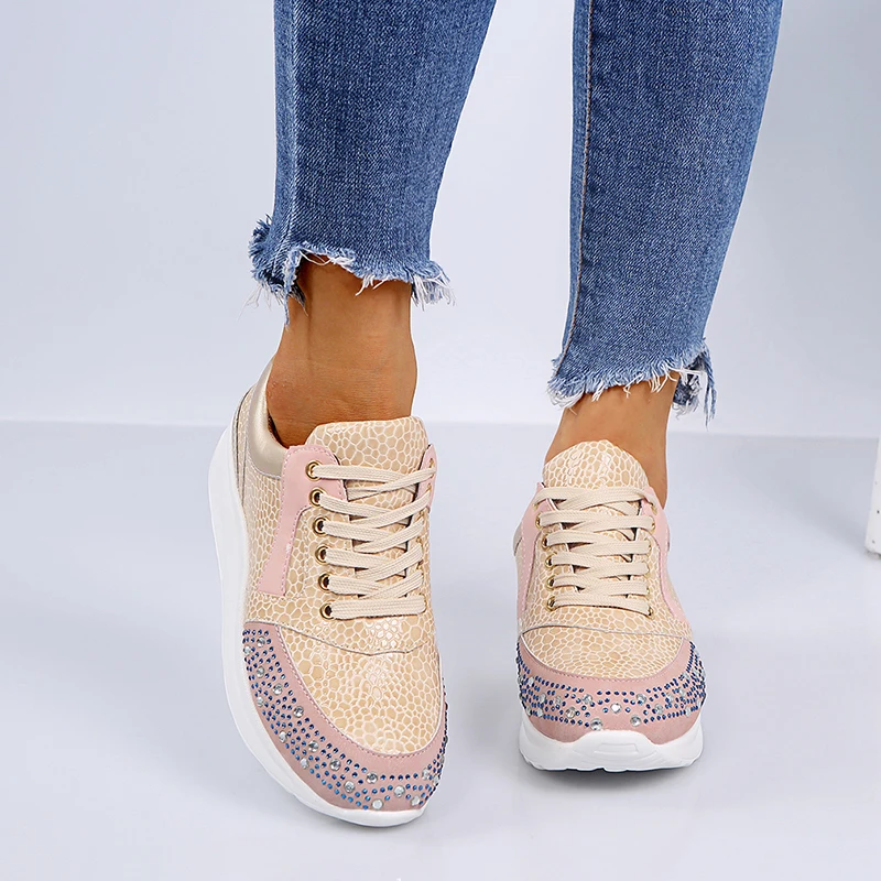 

Women Casual Shoes Patchwork Lace Up PU Crystal Female Sneakers 2020 New Footwear Platform Flat Fashion
