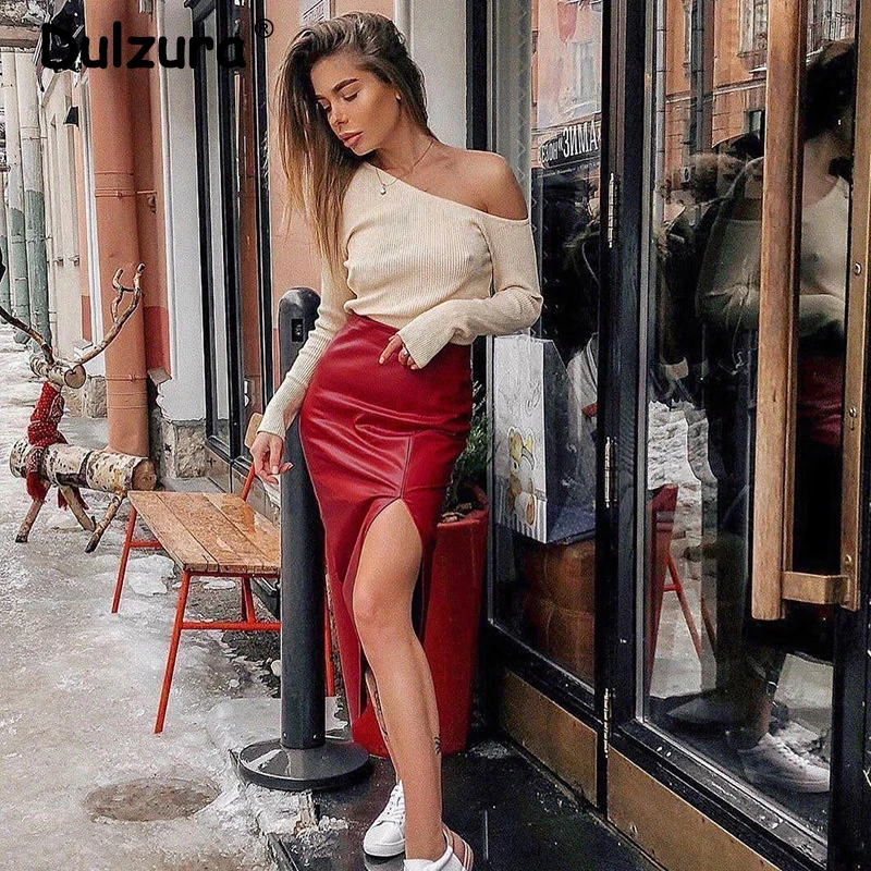 Модные красные женские длинные юбки из искусственной кожи в стиле ретро осень 2019