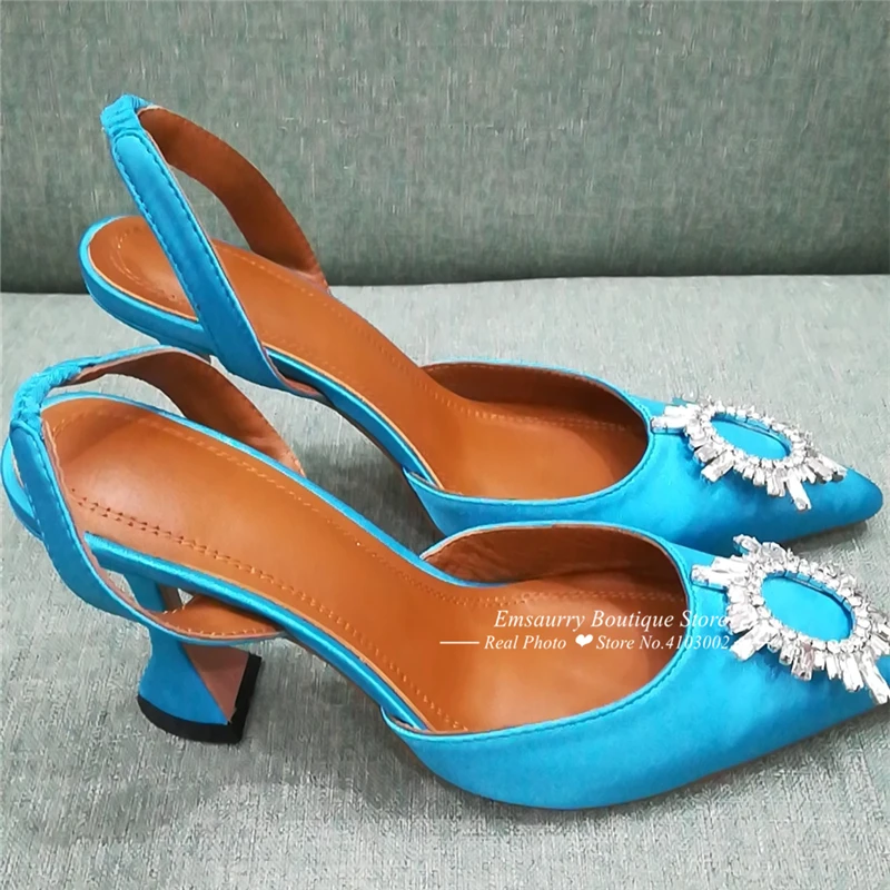Luxury Satin Cup Heel Sandalias Mujer Sexy Back Strap Pointed Toe Crystal Buckle Individual High Heel Summer Sandals Women