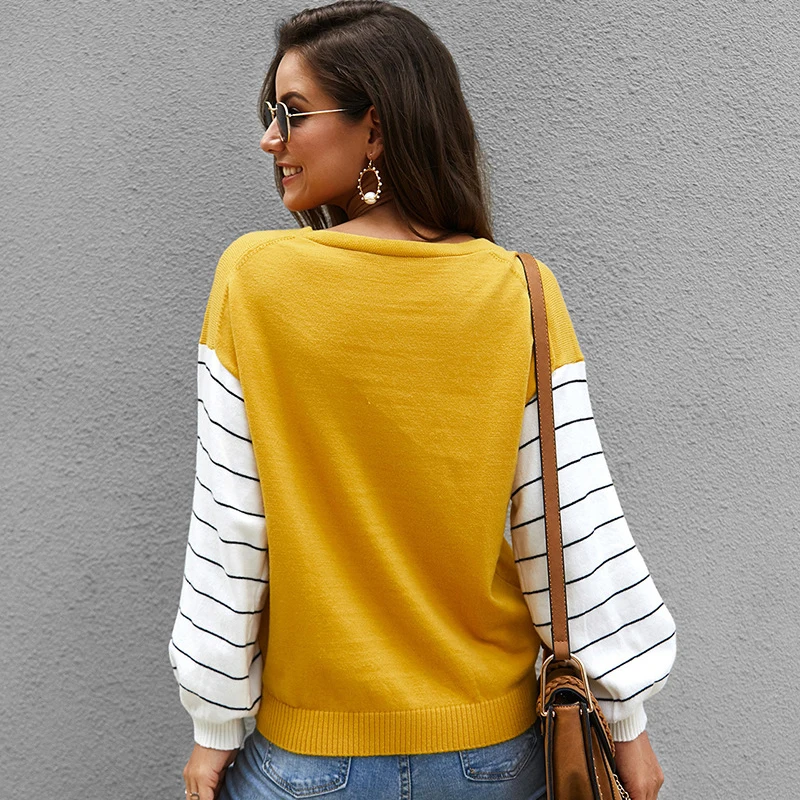 Lossky Women Striped Patchwork Pullover Sweater Female V-neck Fashion Autumn Winter Long Sleeve Clothing Yellow Ladies Top 2019 | Женская