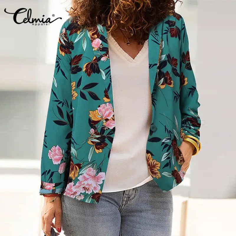 

Celmia Women Floral Print Blazer Suit 2021 Autumn Elegant Long Sleeve Coat Lapel Collar Casual Buttons Jackets Holiday Outerwear