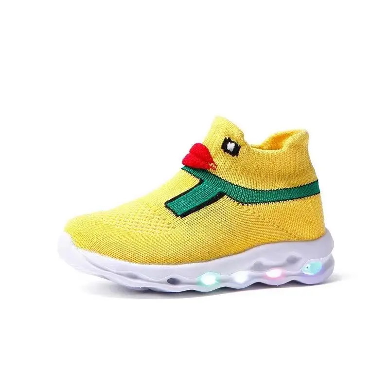 

2021 Summer Children's New Breathable Flying Woven Sneakers Boys and Girls Cute Duck Glowing LED Lights Socks Kids Shoes CS127