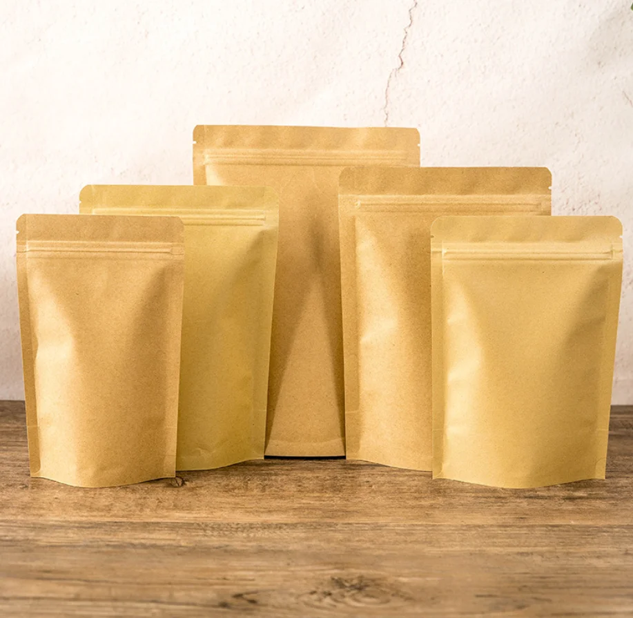 

100pcs Kraft Paper Bag Stand Up with Gift Bags Packaging Biscuit Candy Food Cookie Bread Coffee Bean Snacks Taking Takeaway Bags
