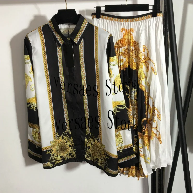 

21 Luxury Design Women's fashion retro print versatile long sleeve Lapel shirt + high waist slim pleated skirt temperament suit