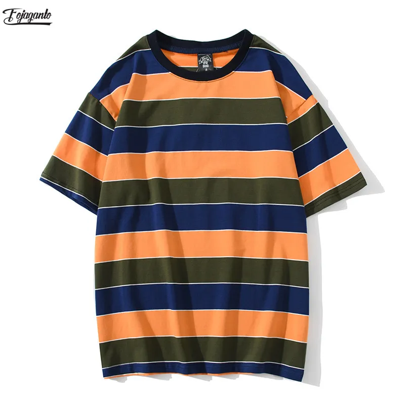 

Полосатая футболка FOJAGANTO с коротким рукавом, Мужская одежда, шорты, Мужская Корейская футболка, мужские летние топы