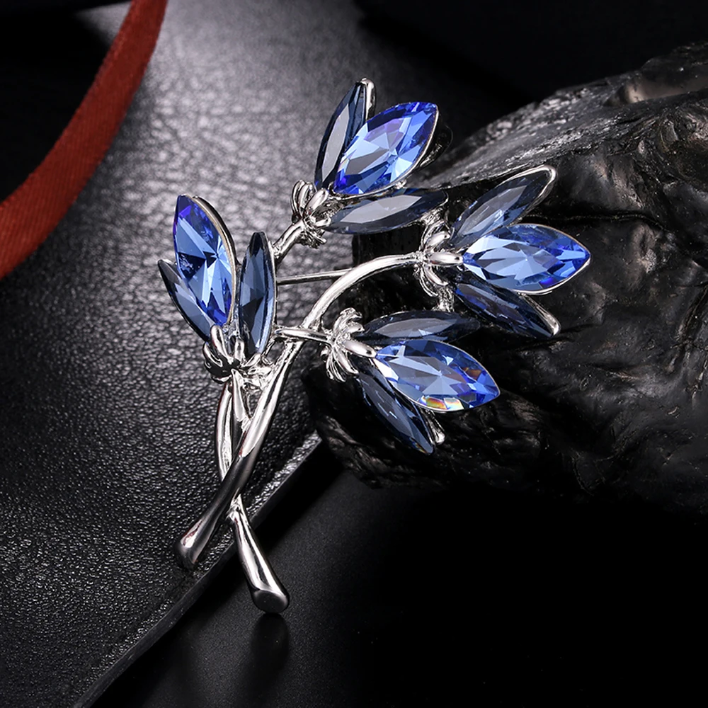 JUJIE брошь кристалл броши для женщин Голубая листовая женская Серебрение цветок