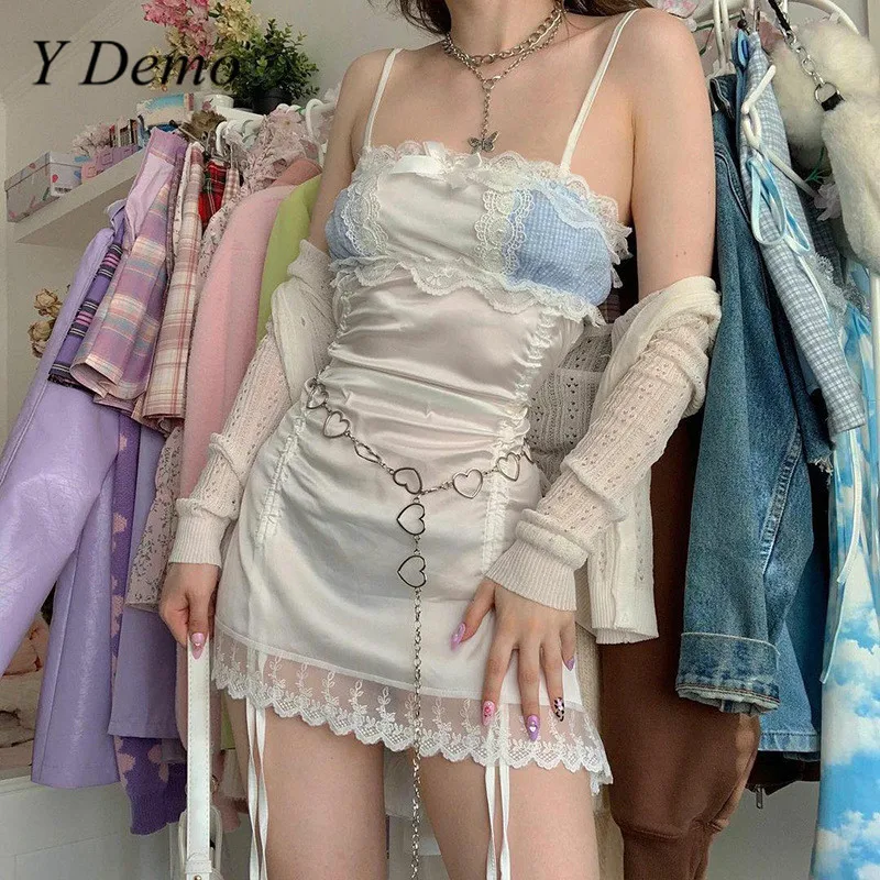 

Y Demo Sweet Drawstring Lace Stitching Women's Slip Dress Casual Grunge Party Dress Spring Fashion Trend