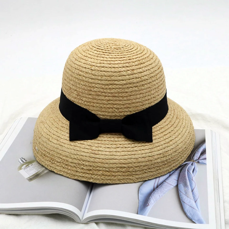 Панама из рафии женская Элегантная Модная плетеная шляпа с бантом ручной работы