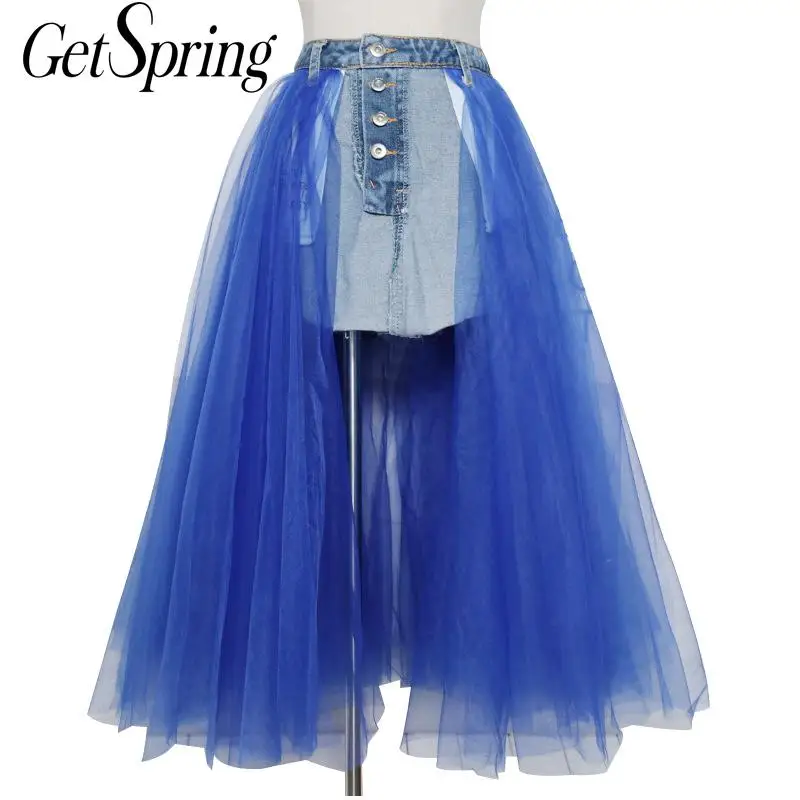 

GetSpring Women Skirt Mesh Stitching Denim Skirts Letter Print Patchwork High Waist Skirts Irregular Mini Jeans Skirt Spring New
