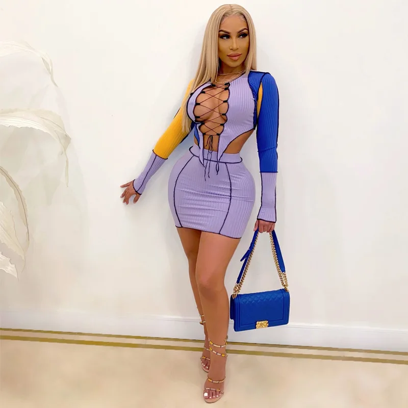 

Женский трикотажный костюм из двух предметов, облегающий вечерние п с длинными рукавами и мини-юбка в рубчик в стиле пэчворк