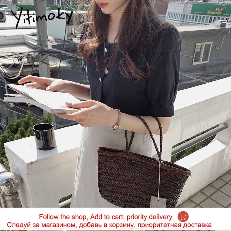 

Yitimoky Cotton New 2021 Women's Blouse Button Up Summer Shirt Square Collar Short Puff Sleeve Korean Fashion Clothing White