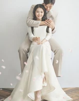 2021 new design korea style square neck 34 long sleeve satin simple plain sheath wedding dress bride gown vestidos de novia