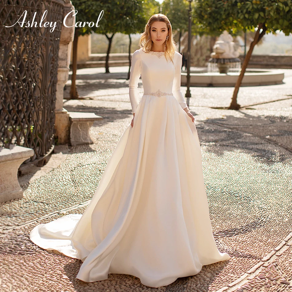

Ashley Carol Satin Wedding Dress 2023 Graceful Long Sleeve Beading Scoop Backless Simple A-Line Wedding Gown Vestidos De Novia