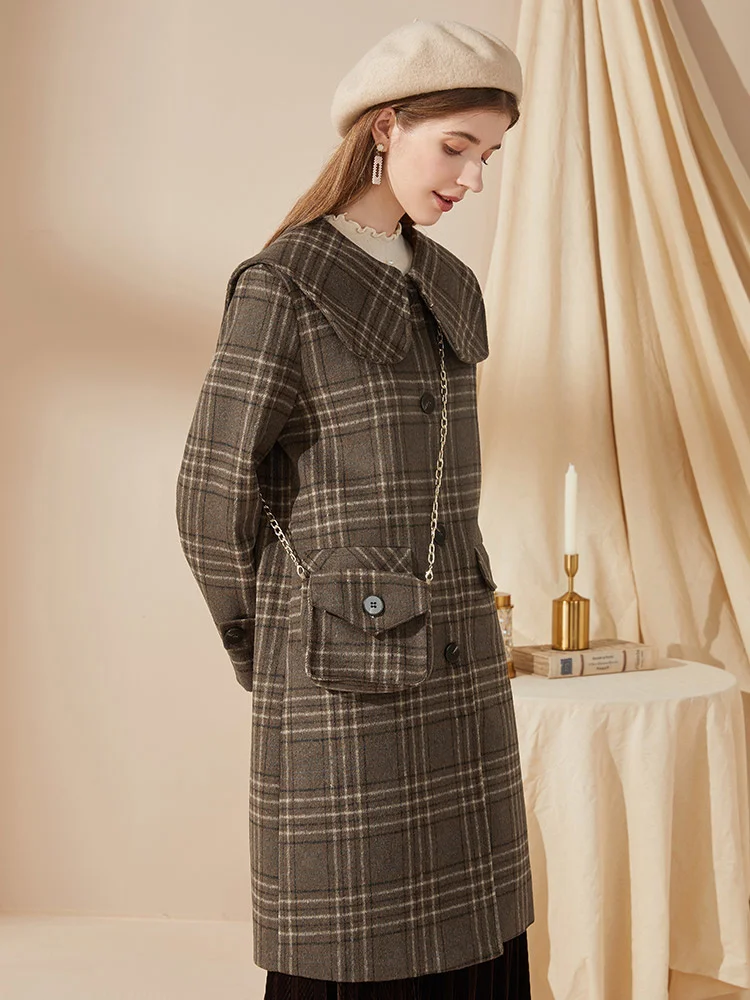 

Plaid woolen coat 2021 winter new style Lapel thickened medium and long woolen coat free waist bag