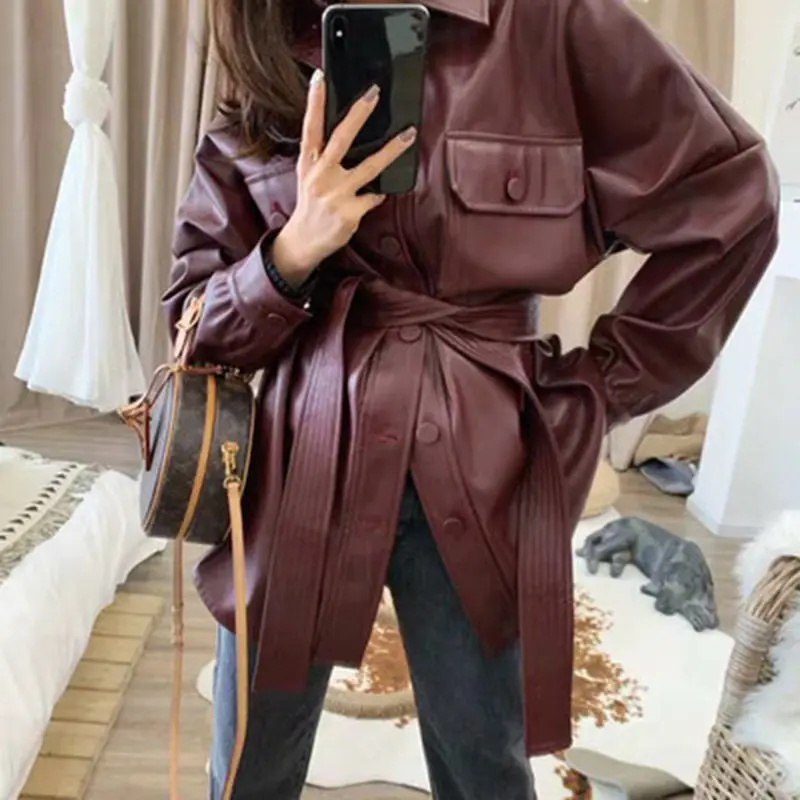 Женская кожаная куртка из искусственной кожи верхняя одежда в стиле ретро с