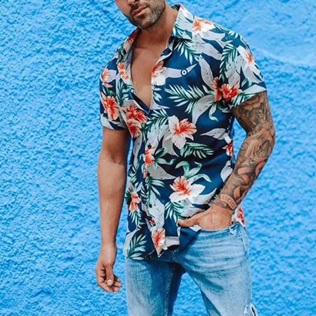 

Модные мужские летние повседневные Гавайские рубашки с коротким рукавом с тропическим цветочным принтом на пуговицах с отложным воротнико...
