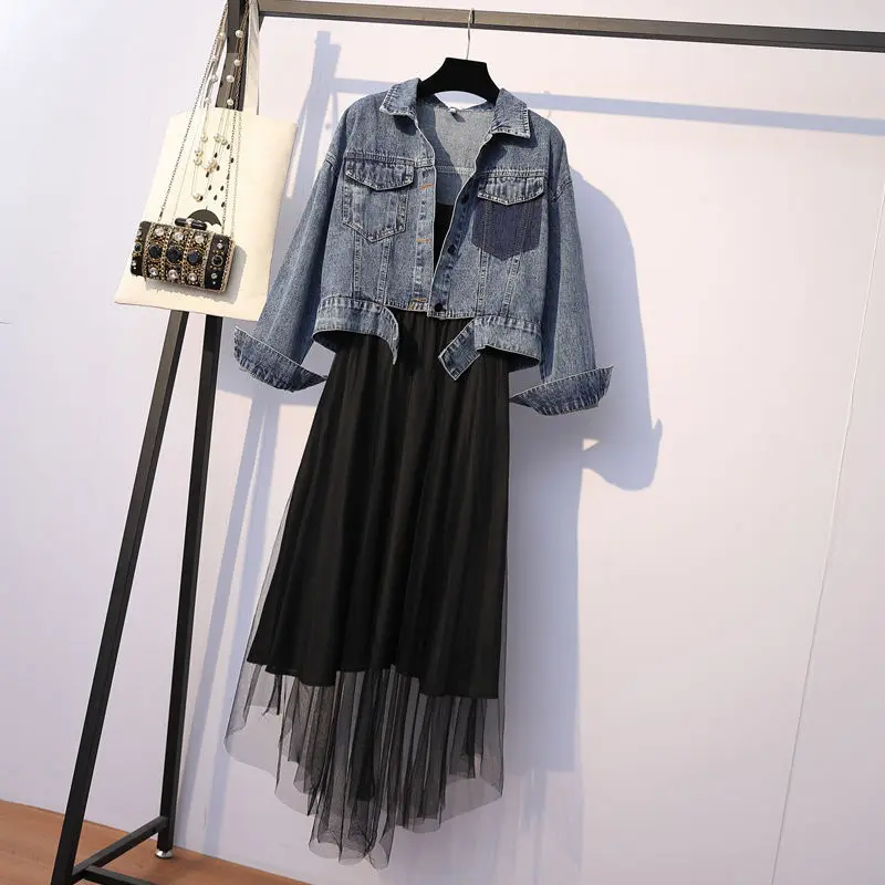 

2021 Women Spring Summer Vintage Set Lady Denim Jacket + Sexy Mesh Slip Pleated Dress Suit Female Casual Solid 2 Piece Set D512