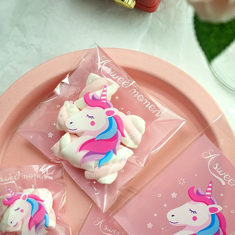Пластиковые самоклеящиеся пакеты в виде розового единорога 100 шт. для печенья
