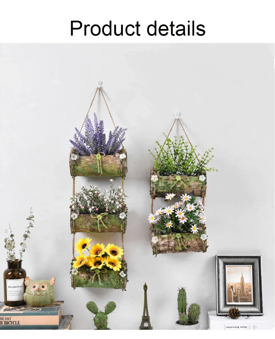 Household Wall Hanging Flower Pot Natural Bark Flower Pot Handmade Hemp Rope Bow Vertical Flower Pot Creative Wall Decoration