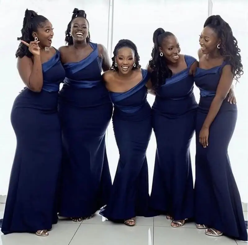 

African Elegant Navy Blue One Shoulder Mermaid Bridesmaid Dresses Sleeveless Floor Length Satin Plus Size Maid of Honor Gowns
