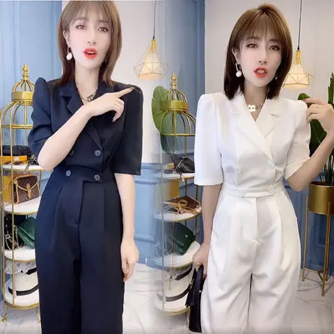

Suit Jumpsuit women's 2021 summer new suit collar double breasted high waist 9