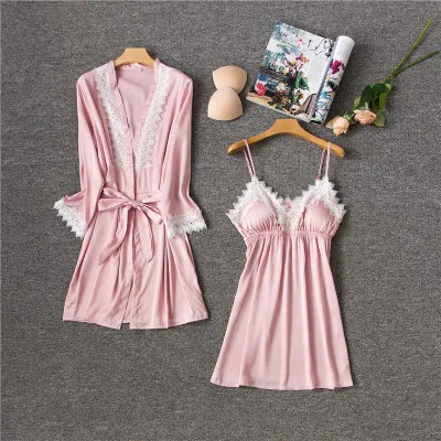 2 PCS Robe gown Сексуальный женский халат и платье, комплекты, кружевной Халат+ ночная сорочка, 4 штуки, пижама, Женский комплект для сна, искусственный шелк, женское белье - Цвет: 2 PCS Robe gown