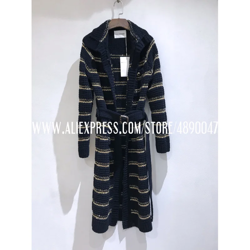 

Женский длинный вязаный кардиган, элегантный вязаный свитер в стиле ретро, длинный жакет с черной и золотой оплеткой, Осень-зима