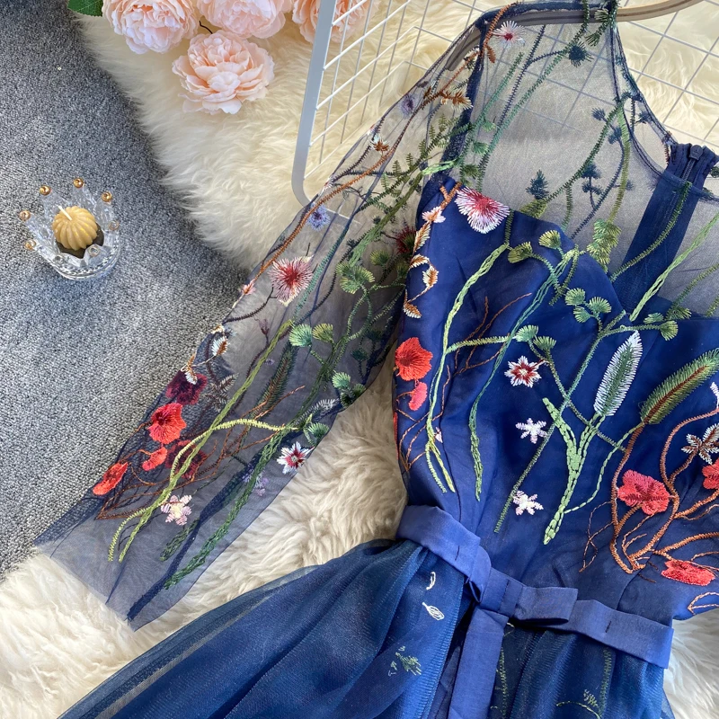 

Heavy Work Flower Embroidery Sexy Party Dress Women Summer Dress 2021 High Waist Harajuku O Neck Long Sleeve Dresses Vestidos