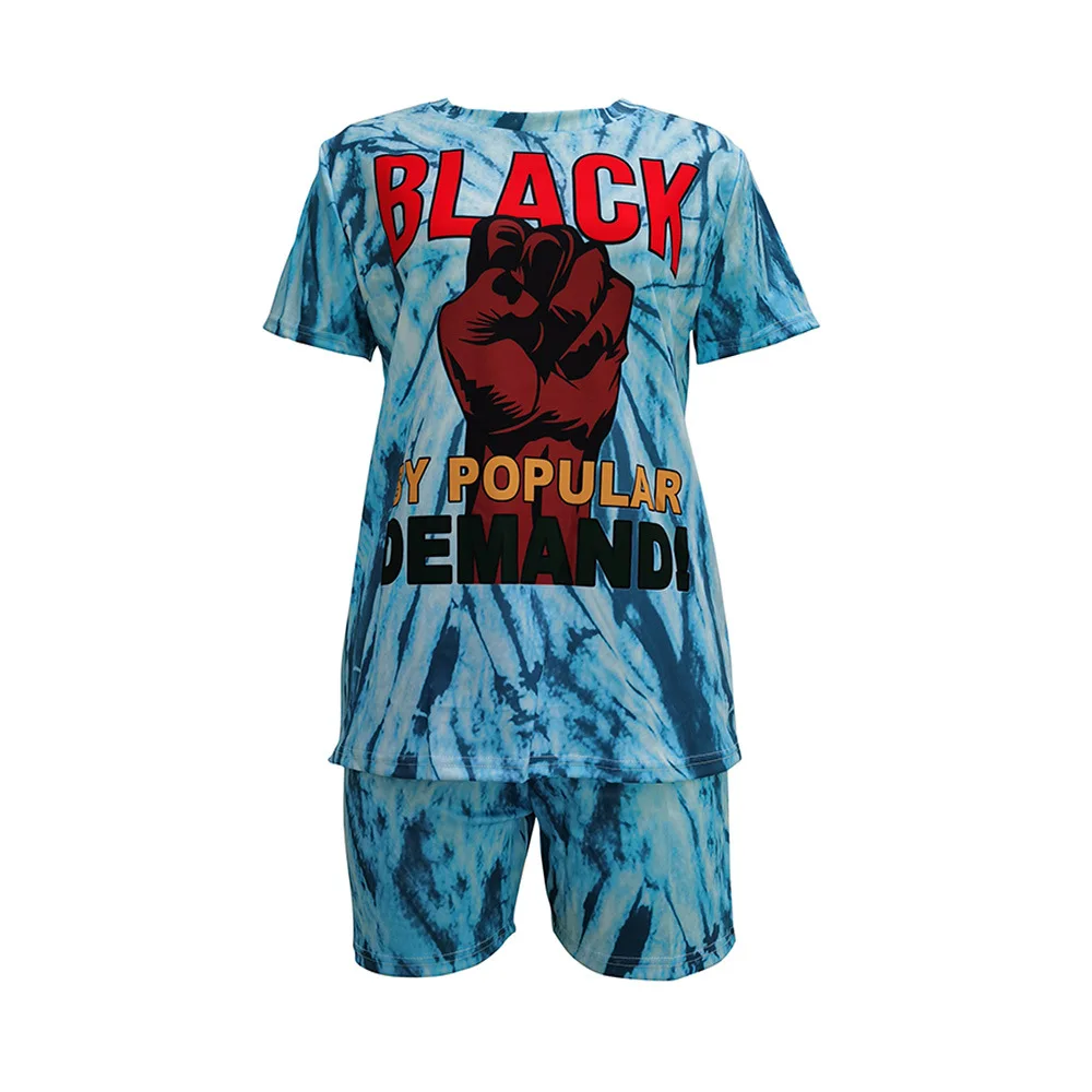 

Casual Loose Sporty Two Piece Outfits for Women O Neck Short Sleeve Tee Short Pants Tie Dye Letter Printed Jogger Matching Suits