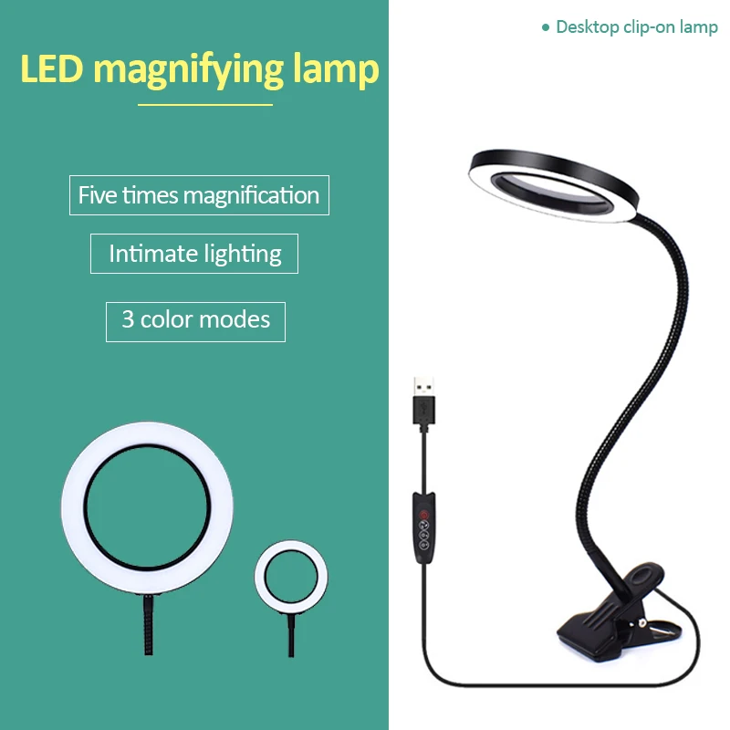 

5X USB LED Illuminated Magnifier Flexible Table Clamp Reading/Welding Large Lens Magnifying Glass Top Desk Optical Instruments