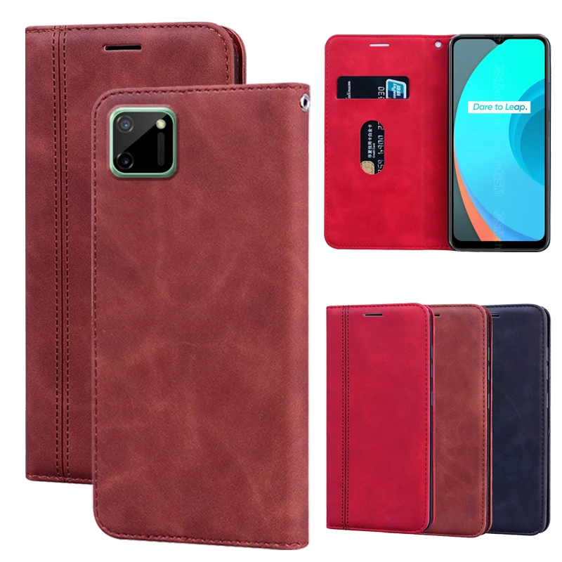Кожаный флип чехол для OPPO Realme C11 телефона кошелек RMX2185 Магнитный защитный