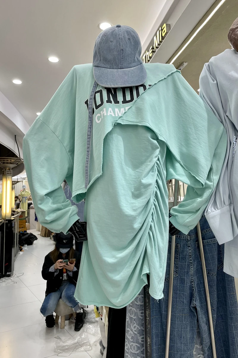 

Spring 2021 Women Letter Round Collar Frayed Short Top Solid Color Pleated Hem Short Slip Dress Two-Piece Sling Dress Streetwear