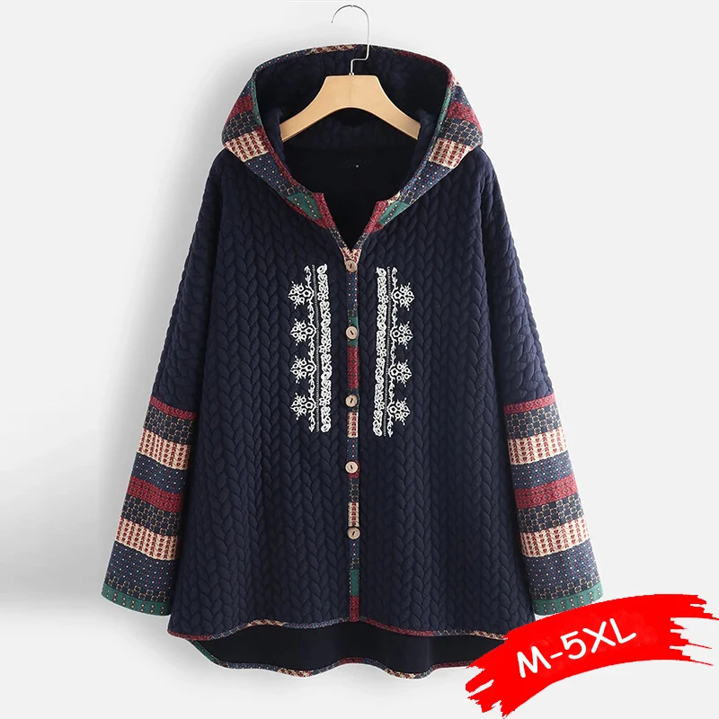 

2021 Autumn Winter Hooded Cotton Padded Jacket Loose Vintage Printed Buttons Up Single Breasted Warm Outwear Plus Size M-5XL
