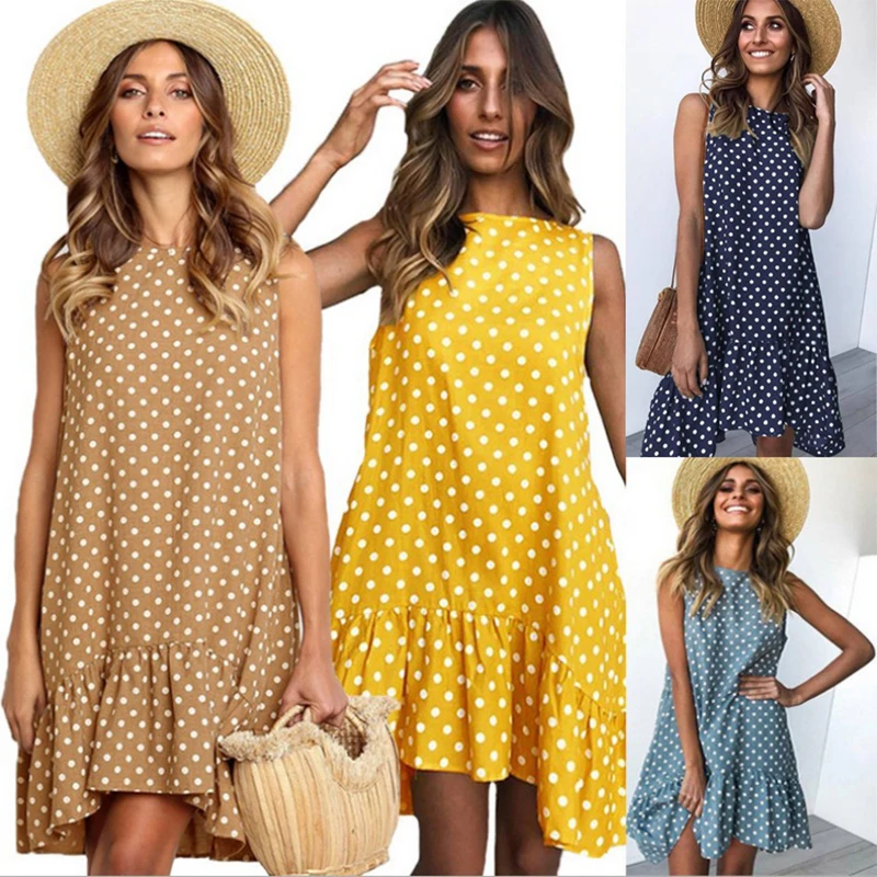 

Women Polka Dot Chiffon Dresses Summer Sleeveless O-Neck Casual Beach Mini Dress Fashion Ruffle Street Vestidos Plus Size 2021