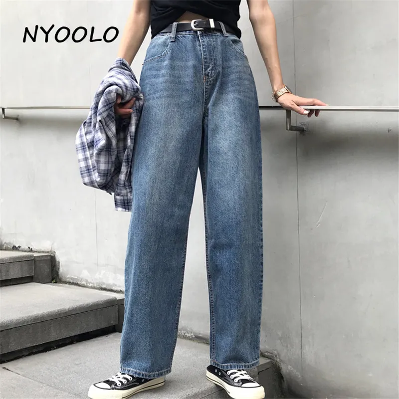 

NYOOLO Vintage streetwear high waist Bleached washed jeans women Casual loose full length Boyfriend straight denim pants